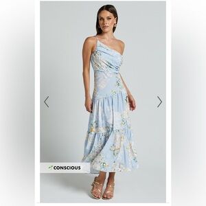Showpo. ZOPHIA MIDI DRESS - ONE SHOULDER TIERED DRESS IN AQUA BOTANICAL PRINT